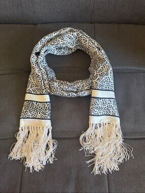 Black and Cream Printed 100% Silk Fringe Scarf